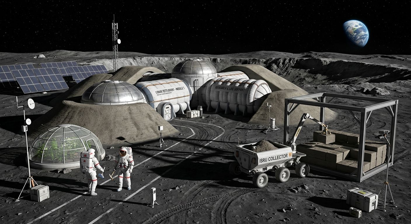 Illustration of a lunar settlement with habitat modules, solar arrays, and astronauts.