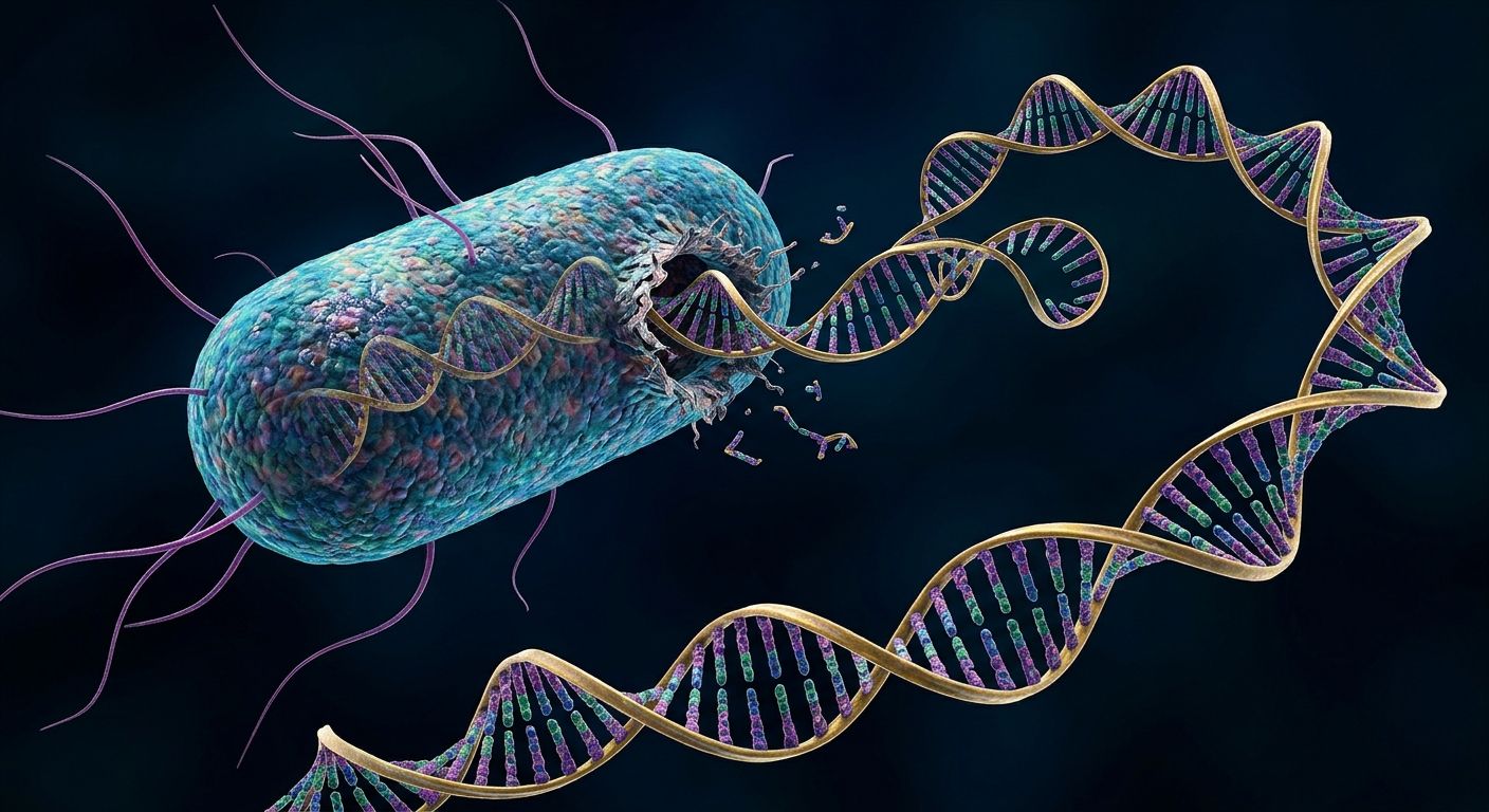 Illustration of a bacterium releasing DNA, representing microbiome sequencing.