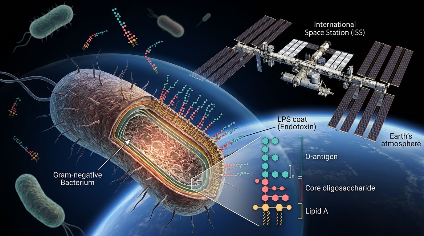 Diagram of a Gram-negative bacterium’s LPS coat with the International Space Station.