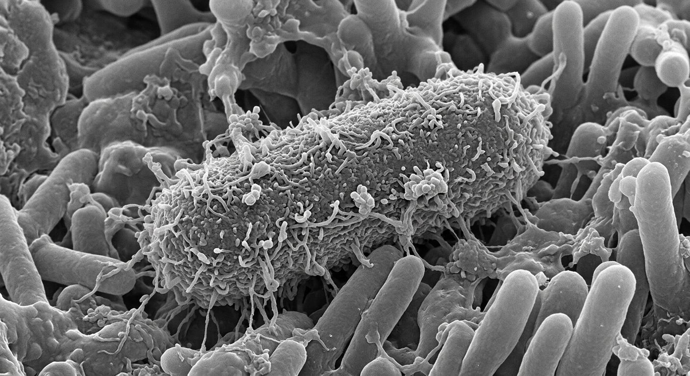 Scanning electron micrograph of a bacterium’s glycan-covered surface.