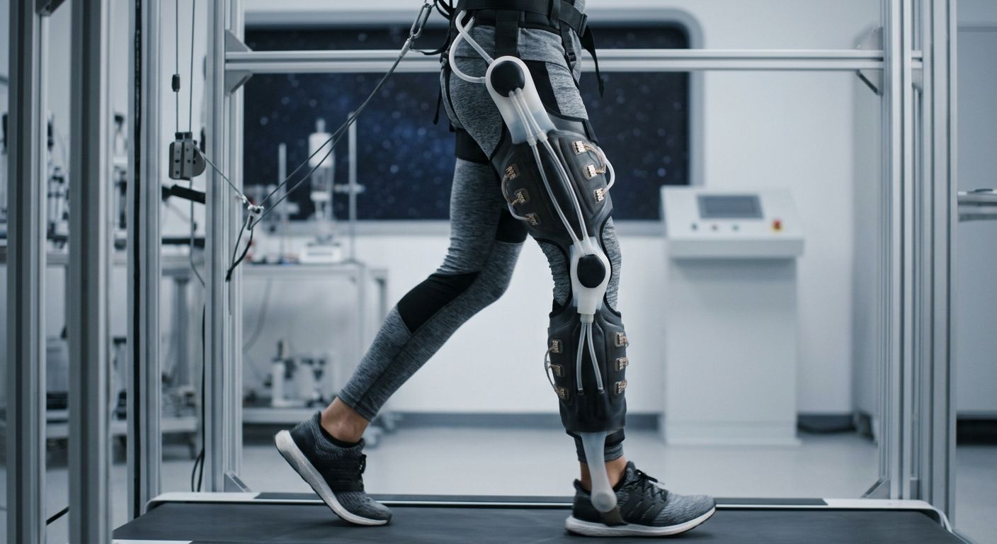 A soft robotic exoskeleton supporting lower-limb muscle stimulation on a treadmill.