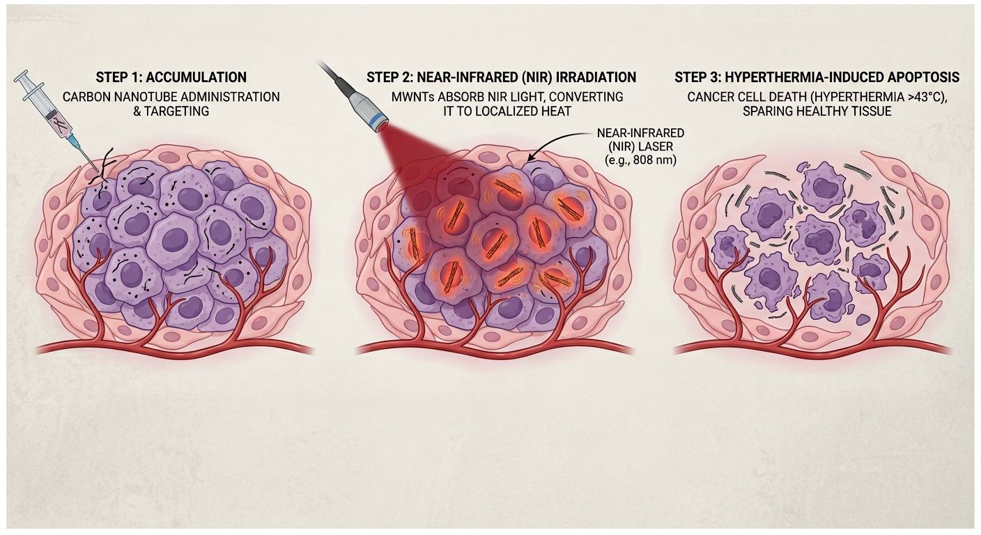 Illustration of photothermal therapy: carbon nanotube targeting, NIR irradiation, and tumor cell death.
