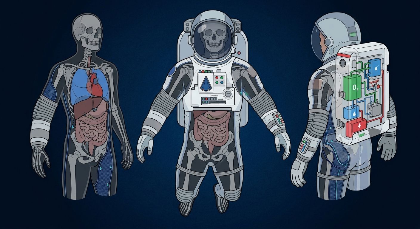 Illustration of astronaut physiology and spacesuit life-support systems.